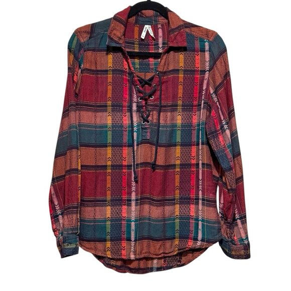 MUDD Y2K Burgundy Plaid Flannel Lace-Up Womens Boho Peasant Top Size Large - Picture 3 of 10